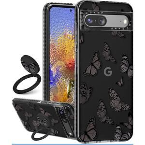 Google Pixel 7 Case with Ring Holder, Black Butterfly Designer Shockproof